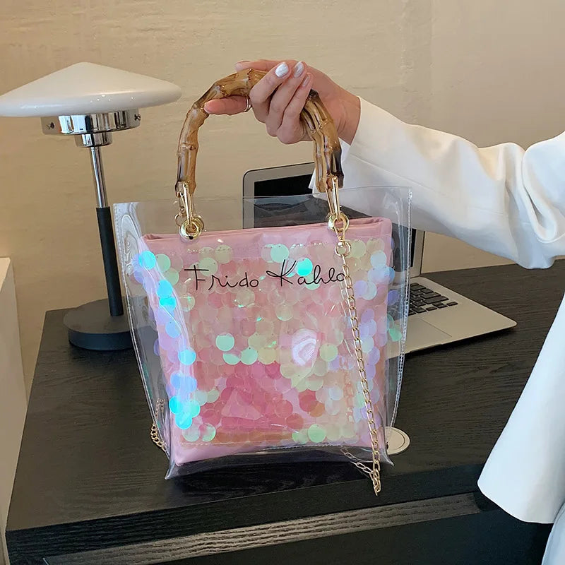 Large Capacity Women PVC Handbags High Quality Ladies Transparent Beach Tote Shoulder Messenger Bags Casual Chain Crossbody Bag