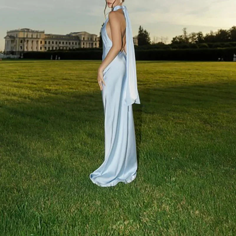 Trendy Woman Clothes 2025 Spring Sexy Solid Satin Slim Bodycon Long Dress New Summer Halter Ribbon Backless Hollow Evening Dress