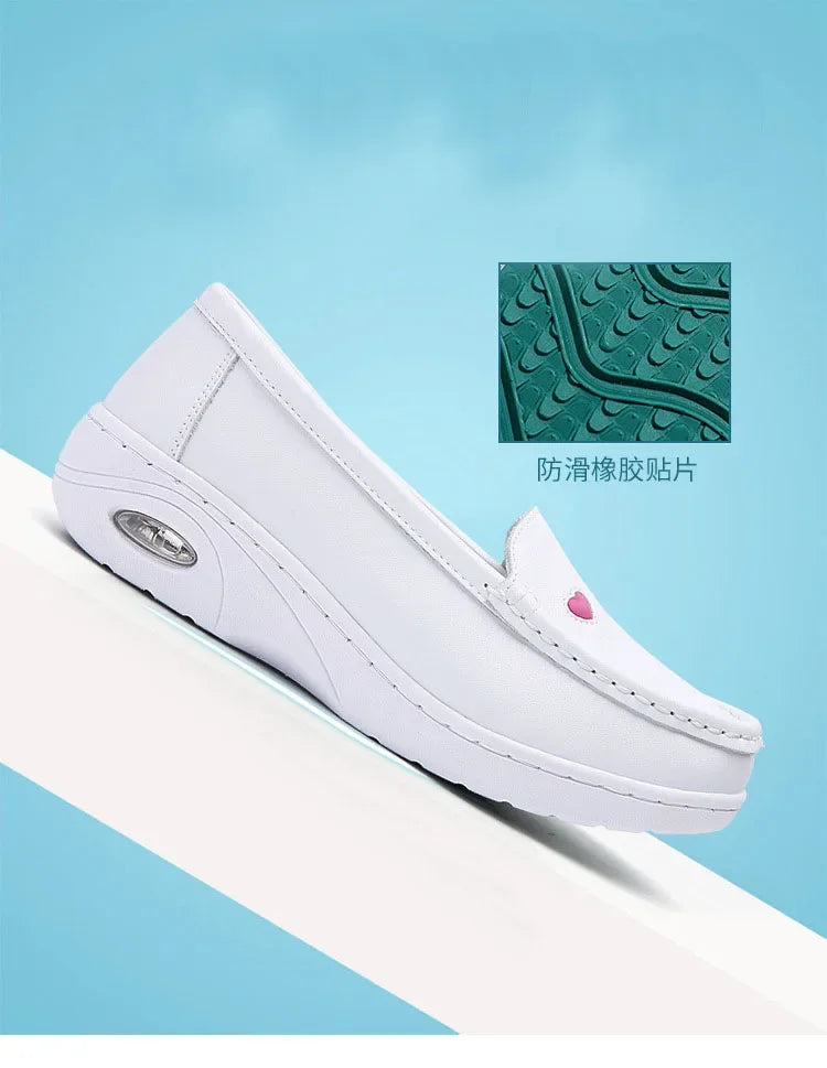 2025 New Women Flat Leather Shoes Casual White Wedge with Soft Bottom Love Heart Comfortable Mom Nurse Work Shoes Zapatillas