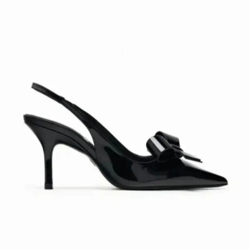 2025 Summer High Heel Sandals for Lady Pointed Toe Sexy Fashion Black Stilettos Bow Decoration Brand Designer Women Dress Shoes