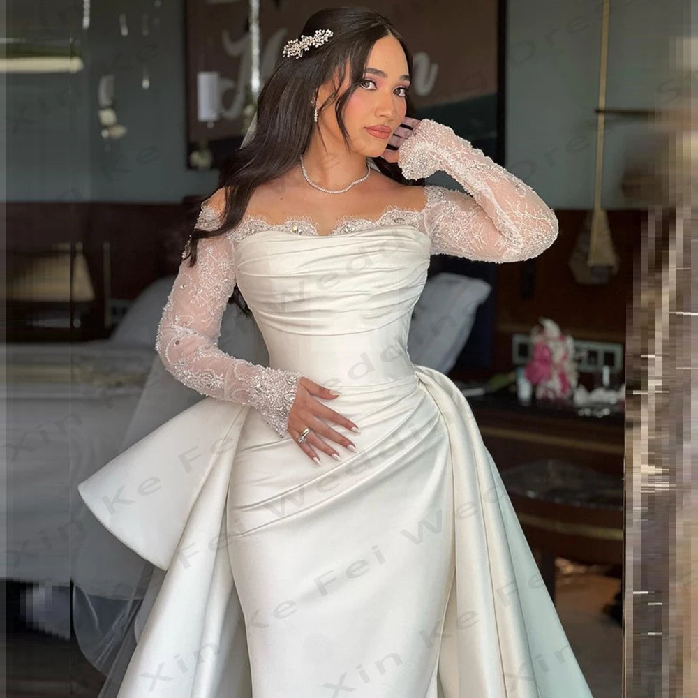 Elegant Women's Satin Bridal Dresses Bohemian Mermaid Lace Long sleeved Princess Wedding Gowns Formal Beach Party 2024 Vestidos