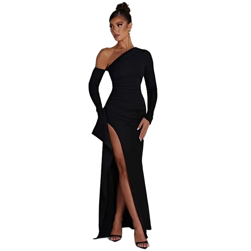 Sexy Diagonal Shoulder Black Dress Fashion Elegant Long Sleeve Split Women Dress Spring Party Evening Long Dress Vestidos