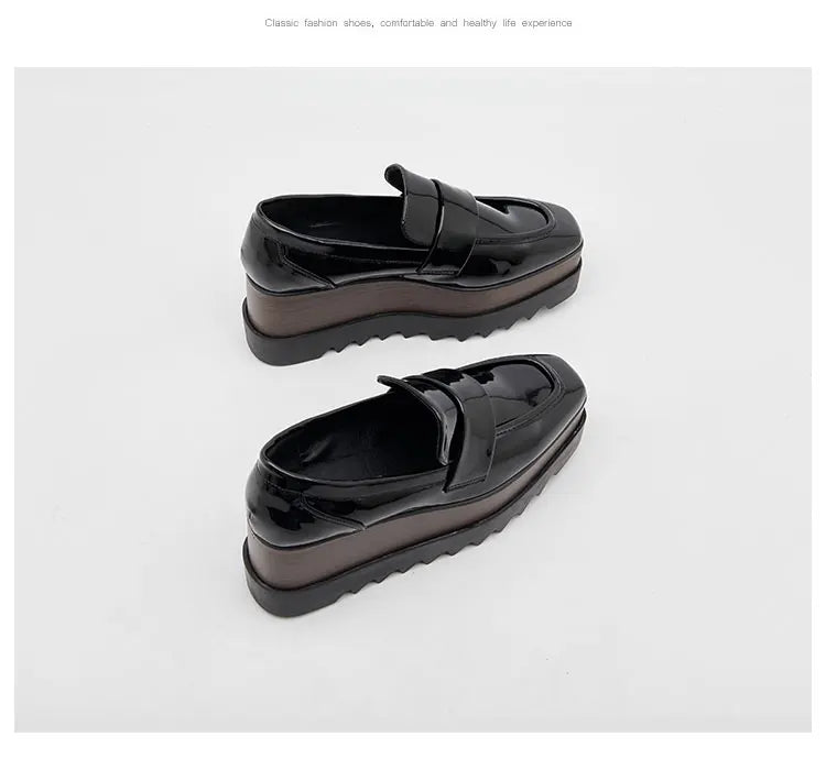 8cm Heeled Platform Wedges Shoes Womens High Heels Casual Lazy Shoes Square Toe Wedge Creepers Pumps Damen Black