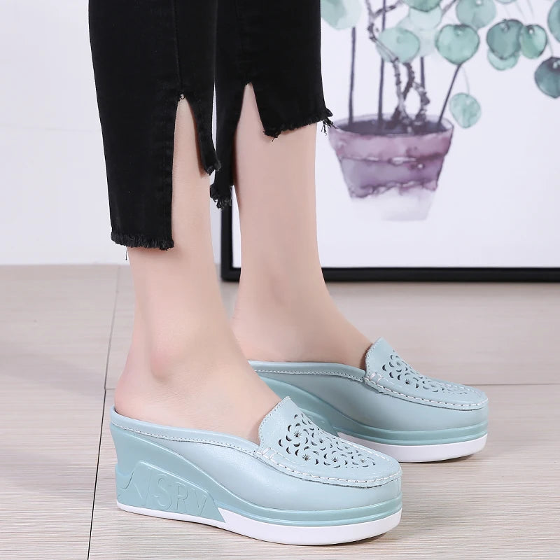 STRONGSHEN Women Slippers Casual Hollow Out Heel Wedge Thick Bottom Increase by 8cm Half Slippers Women's Non slip Fashion Shoes