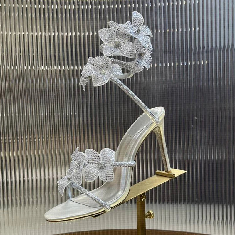 Sandalias Women Rhinestone Flower Decor Dress Shoes Snake Shaped Elastic Strap Thin High Heels Sandals Summer Bridesmaid Shoes