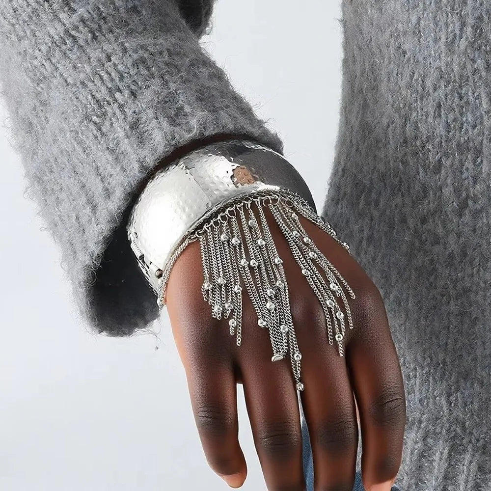 Exaggerated Beads Silver Metal Bangle Tassels Chains Beads Chains Wide Tassels Bracelets Women