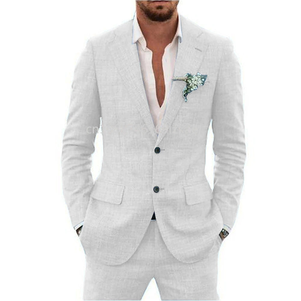 2024  Linen Suiting Fabric Full Men's Suit Lapel Collar Single-breasted 2 Piece Set Elegant Man Suits High Quality Blazer