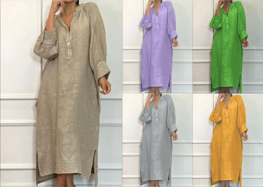 Fashion Cotton Linen Long-sleeved Loose Women's Dresses New Autumn Collection Casual Simple Pocket Elegant Female Slit Dress2025