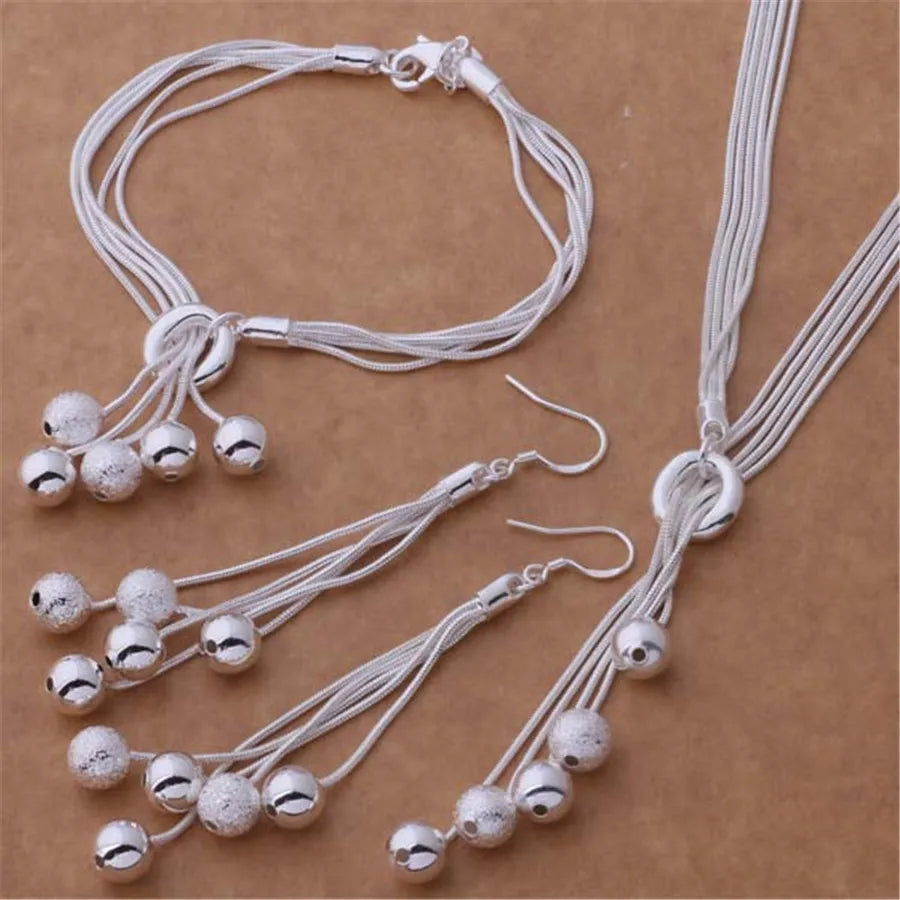 Wholesale Fine Designer 925 Sterling Silver Tassels Beads Bracelets Necklace Earring Jewelry Set Fashion Party Wedding Gift