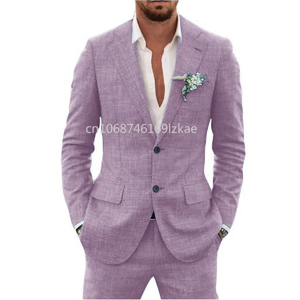 2024  Linen Suiting Fabric Full Men's Suit Lapel Collar Single-breasted 2 Piece Set Elegant Man Suits High Quality Blazer