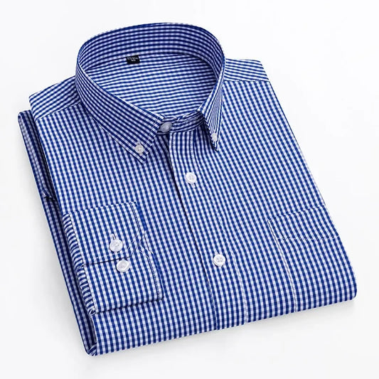 Thin Spring Summer 100% Cotton Shirts for Men Long Sleeve Checkered Dress Shirt Mens Blue Green  Men Clothing  Button Up Shirt