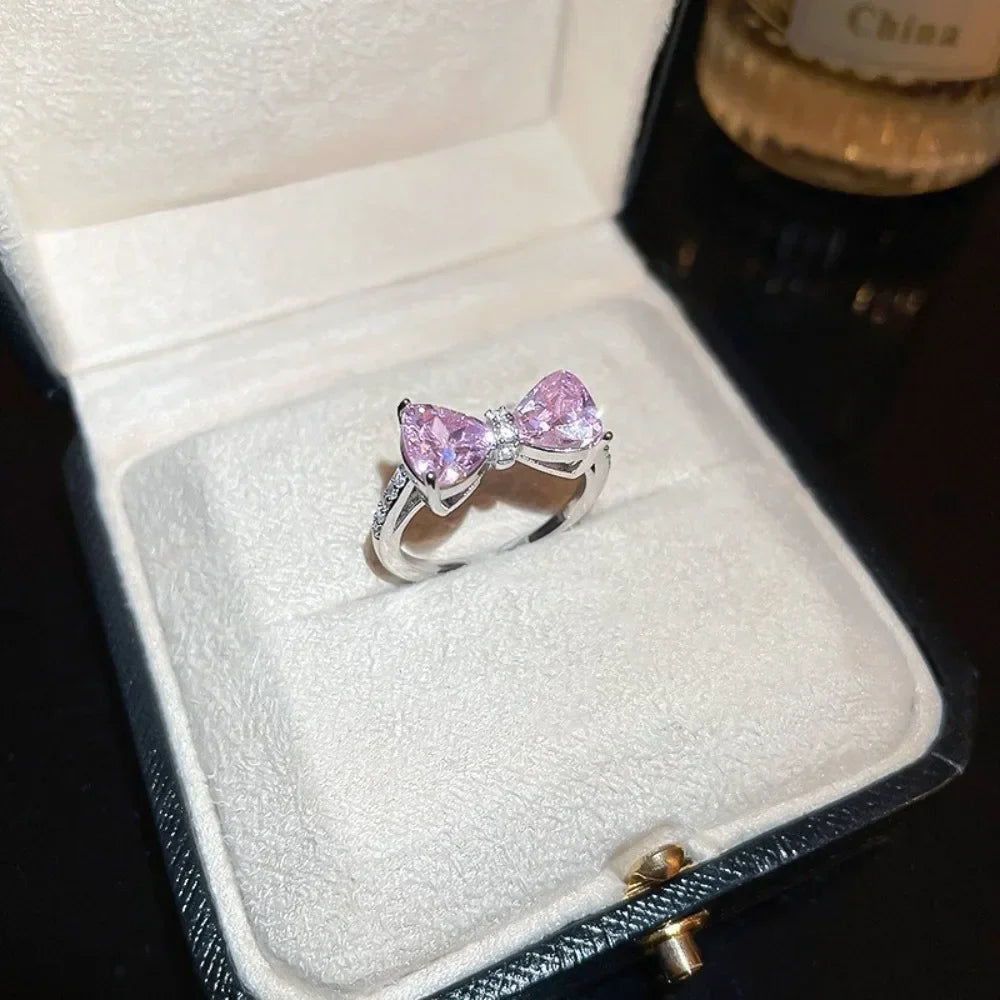 2pcs Set Fashion Bowknot Necklace Rings Set Crystal Bow Knot Pendant Necklaces Adjustable Bow Rings Fairy Shiny Pink Jewelry