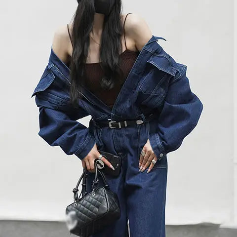 Jumpsuits Women Autumn Spring Fashion New Safari Style Loose Long Sleeve Denim Jumpsuits Office Lady