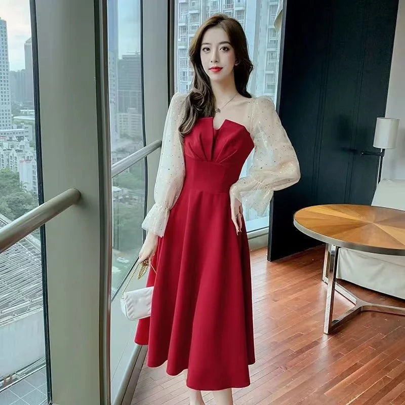 Red Dresses For Women Party Korean Style Elegant Luxury Elastic On Sales Full High Quality Prom Evening Woman Long Sleeve Dress