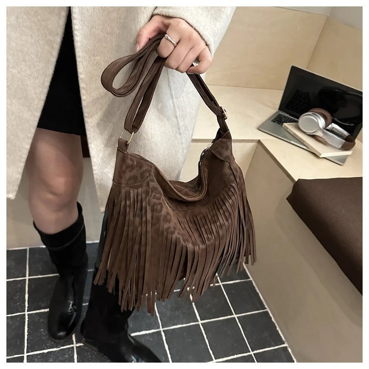 Women's Fashion Handbags Retro Leopard Print Tassel Shoulder Bag Casual Tote Bag Purses and Handbag Ladies Hand Bags