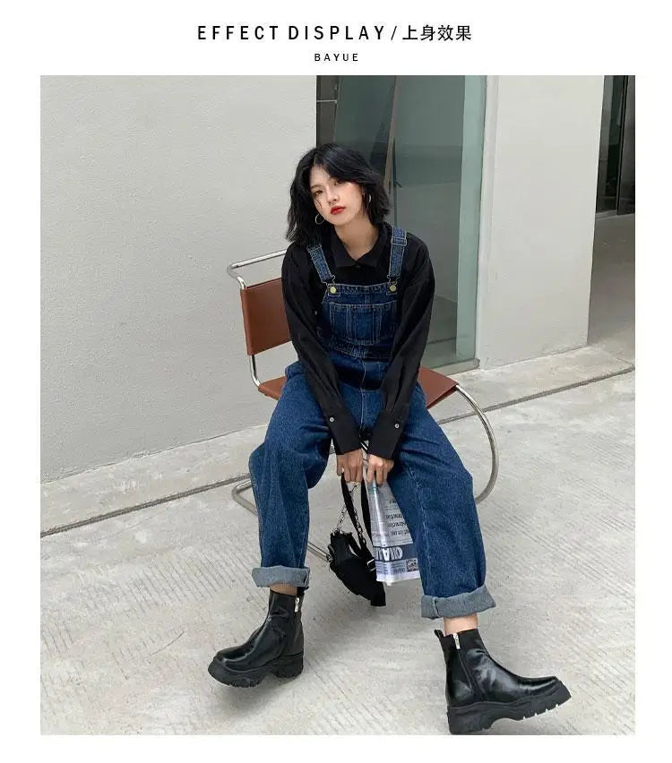 Jumpsuits Women Dark Blue Vintage Streetwear Harajuku Casual Fashion High Waist Loose Overalls Ulzzang Denim Suspenders Trousers