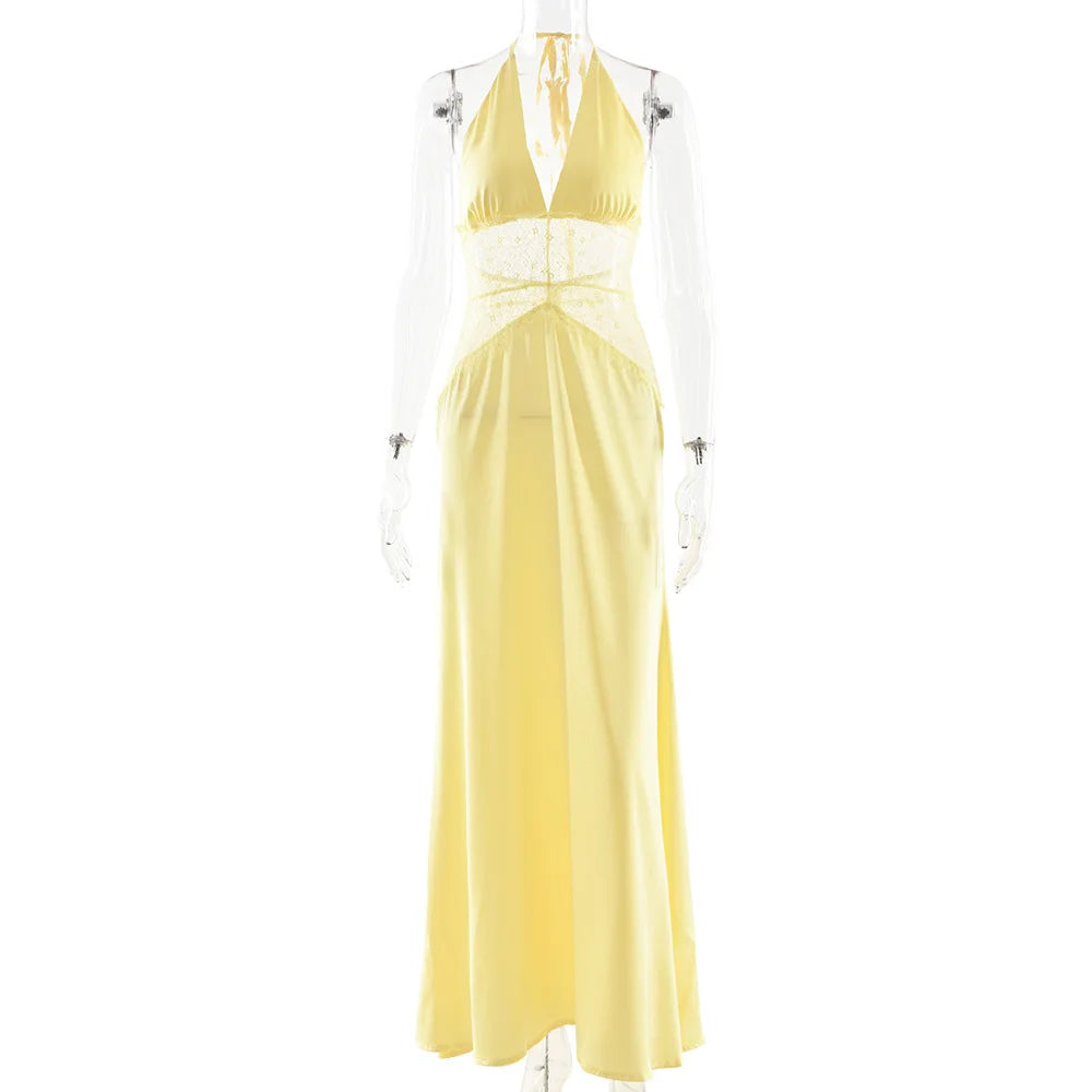 Sexy Deep V-neck Backless Lace Patchwork Satin Dresses for Women 2026 Summer Halter Sleeveless Long Maxi Party Evening Dress