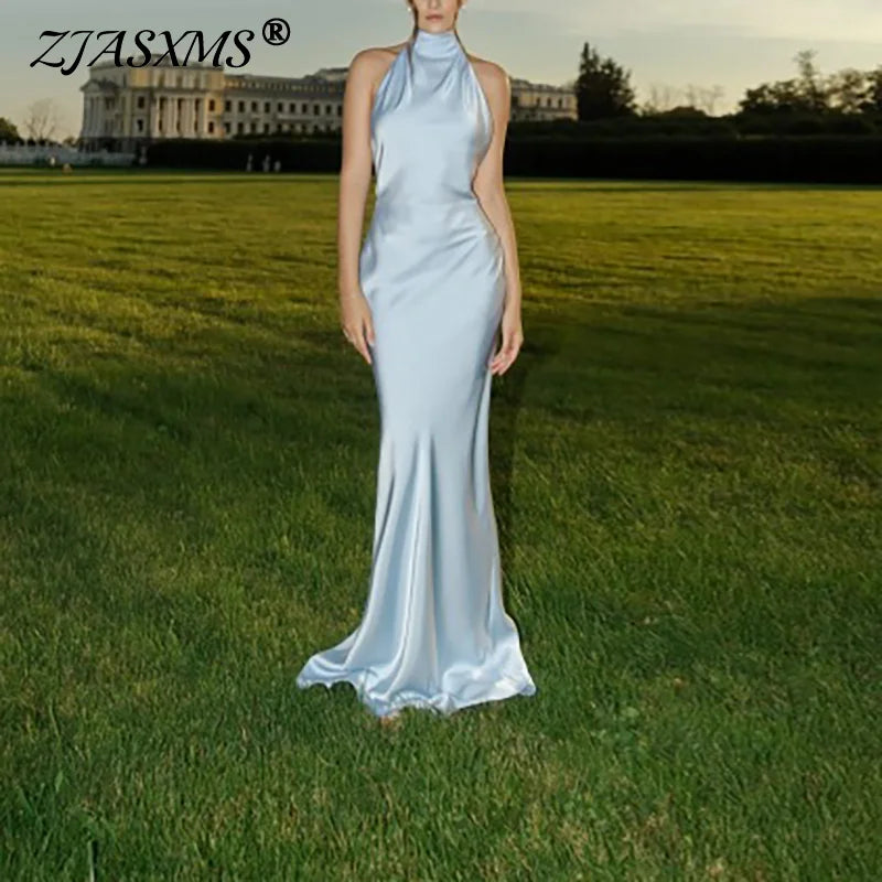 Trendy Woman Clothes 2025 Spring Sexy Solid Satin Slim Bodycon Long Dress New Summer Halter Ribbon Backless Hollow Evening Dress
