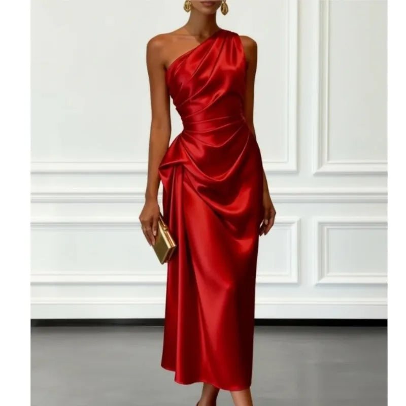 Fashion Sexy Dress Summer New High-end Satin Pleated Waist Sleeveless Banquet Evening Dresses For Women Robe Femal Vestidos 2026