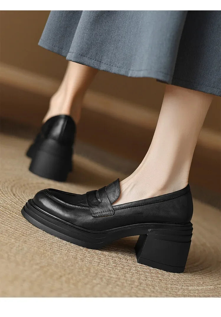 Women Chunky Heel Genuine Leather Wedge Shoes Woman Platform Pumps Female High Heel Zapatos Mujer Handmade thick sole Loafers