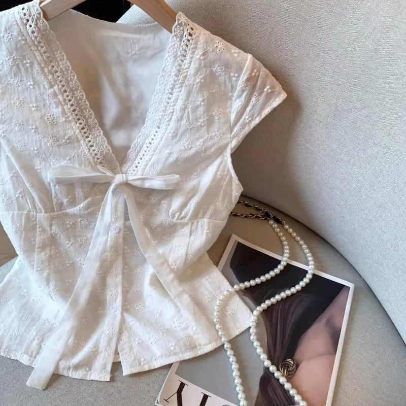 Women's White Floral Embroidery Blouse with Shirts Tie-Waist Detail Blouse