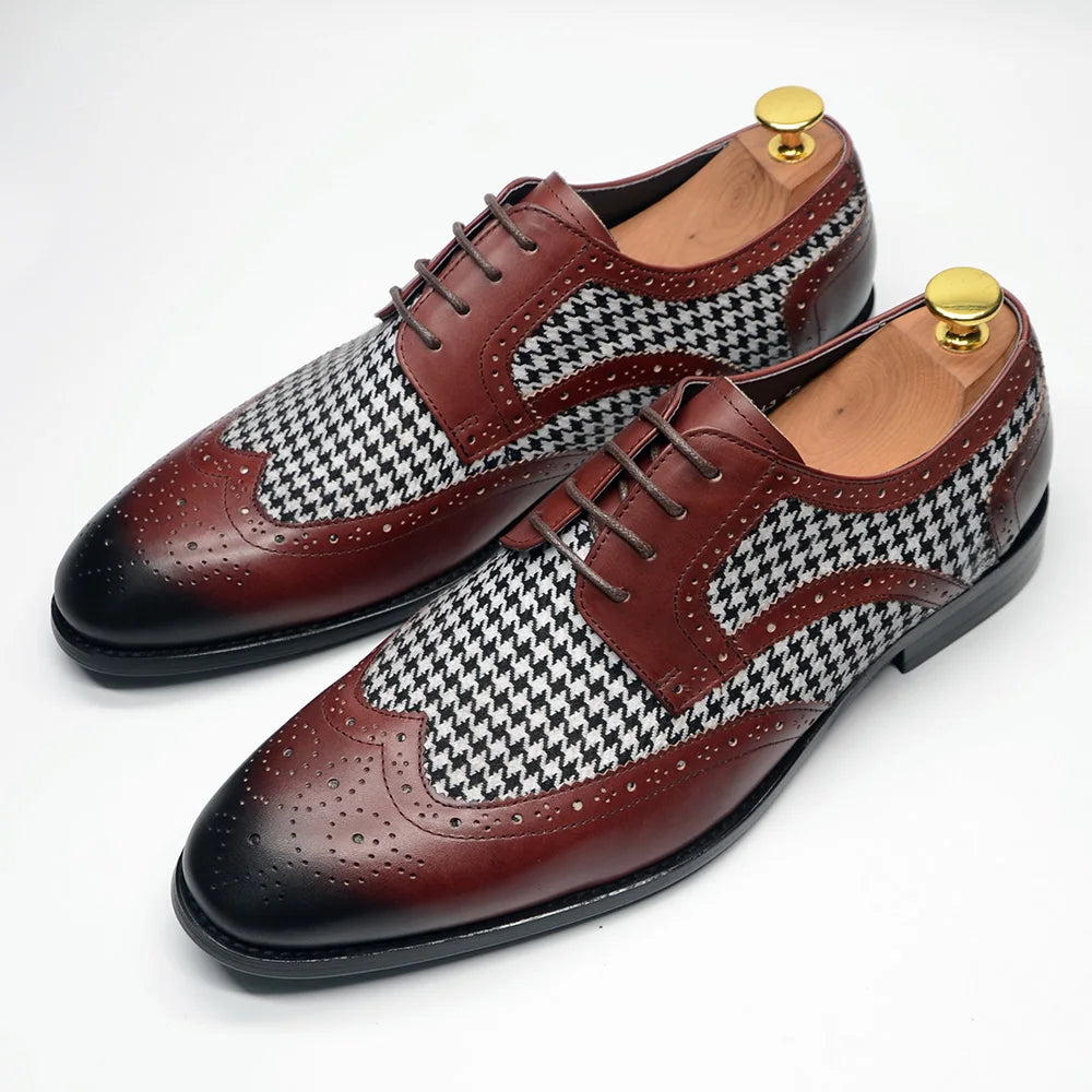 Mens Dress Shoes Original Luxurry Fabric and Genuine Leather Brogue Social Party Business Lace Up Derby Wedding Formal Shoes Men