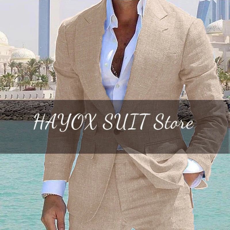Men's Suit 2 Piece Set Linen Lapel Slim Fit Single Button Casual Comfortable Suit Formal Groom Best Man Dress Elegant and Stylis