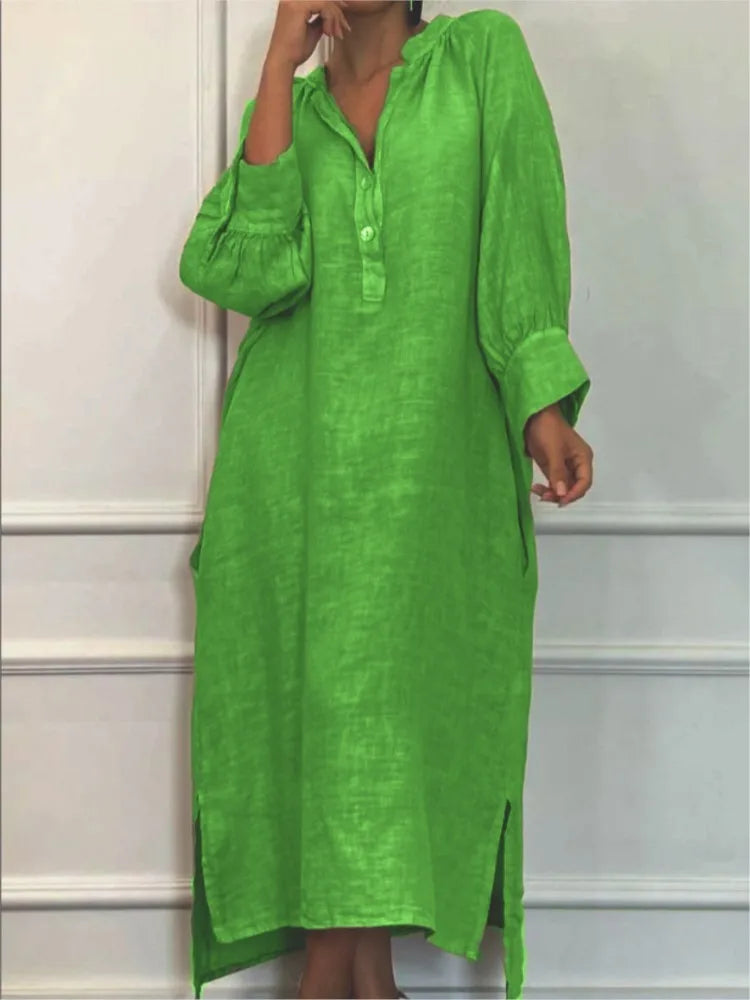 Fashion Cotton Linen Long-sleeved Loose Women's Dresses New Autumn Collection Casual Simple Pocket Elegant Female Slit Dress2025