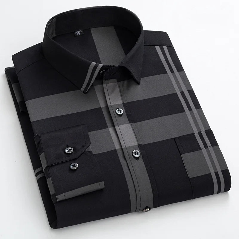 Men's Dress Shirts Spring Autumn Latest Hot Sale Non-iron Anti-wrinkle Business Casual Print Thin Plaid Slim Fit chemise homme