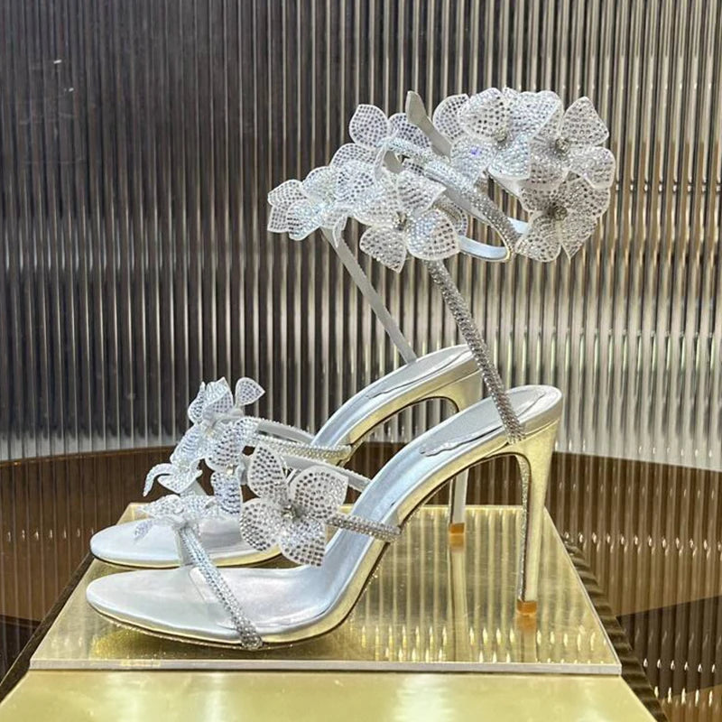 Sandalias Women Rhinestone Flower Decor Dress Shoes Snake Shaped Elastic Strap Thin High Heels Sandals Summer Bridesmaid Shoes