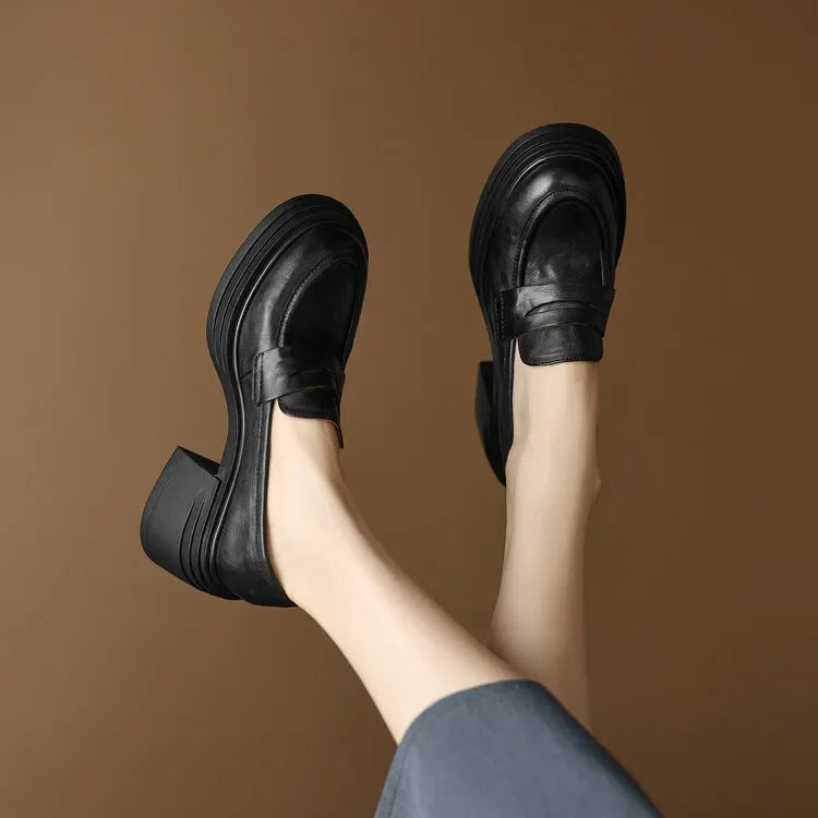 Women Chunky Heel Genuine Leather Wedge Shoes Woman Platform Pumps Female High Heel Zapatos Mujer Handmade thick sole Loafers