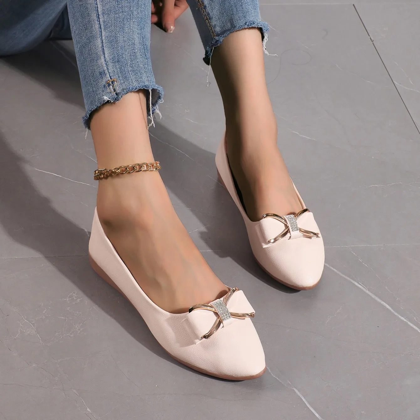 New Women Flats Shoes Ballets Metal Buckle Bow Flat Loafers Women Big Yards Fashion Mary Jane Shoes for Women Zapatos De Mujer