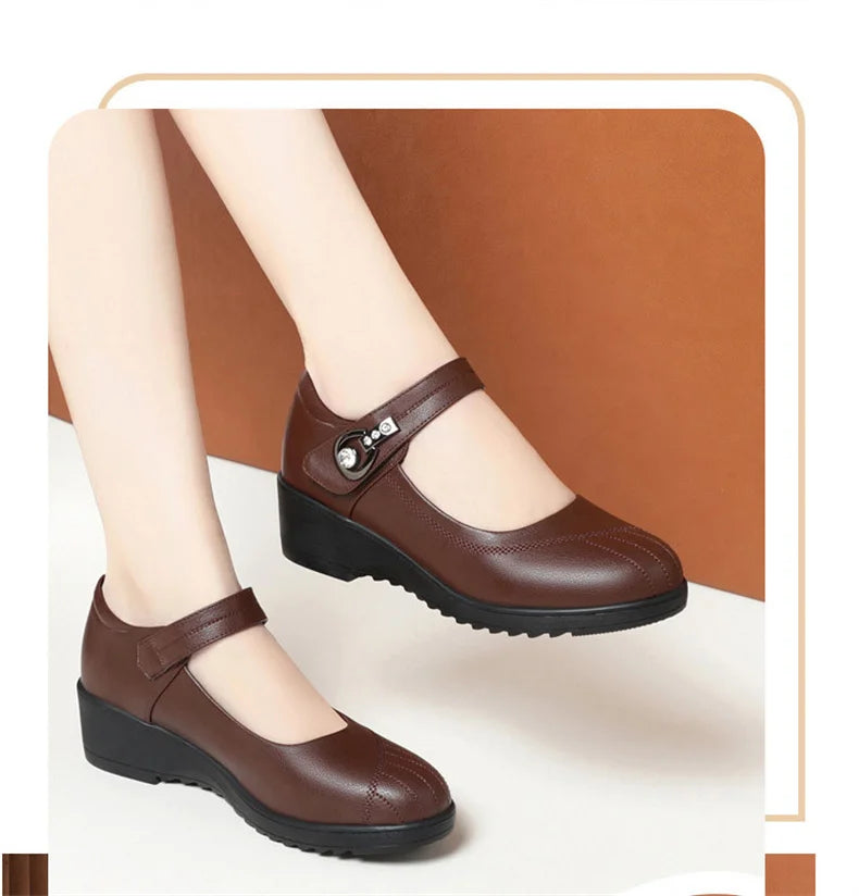 Women's Wedge Anti-slip  Ankle Strap Casual Office Comfortable Soft Leather Shallow Mouth Mom Shoes  Middle-aged Elderly