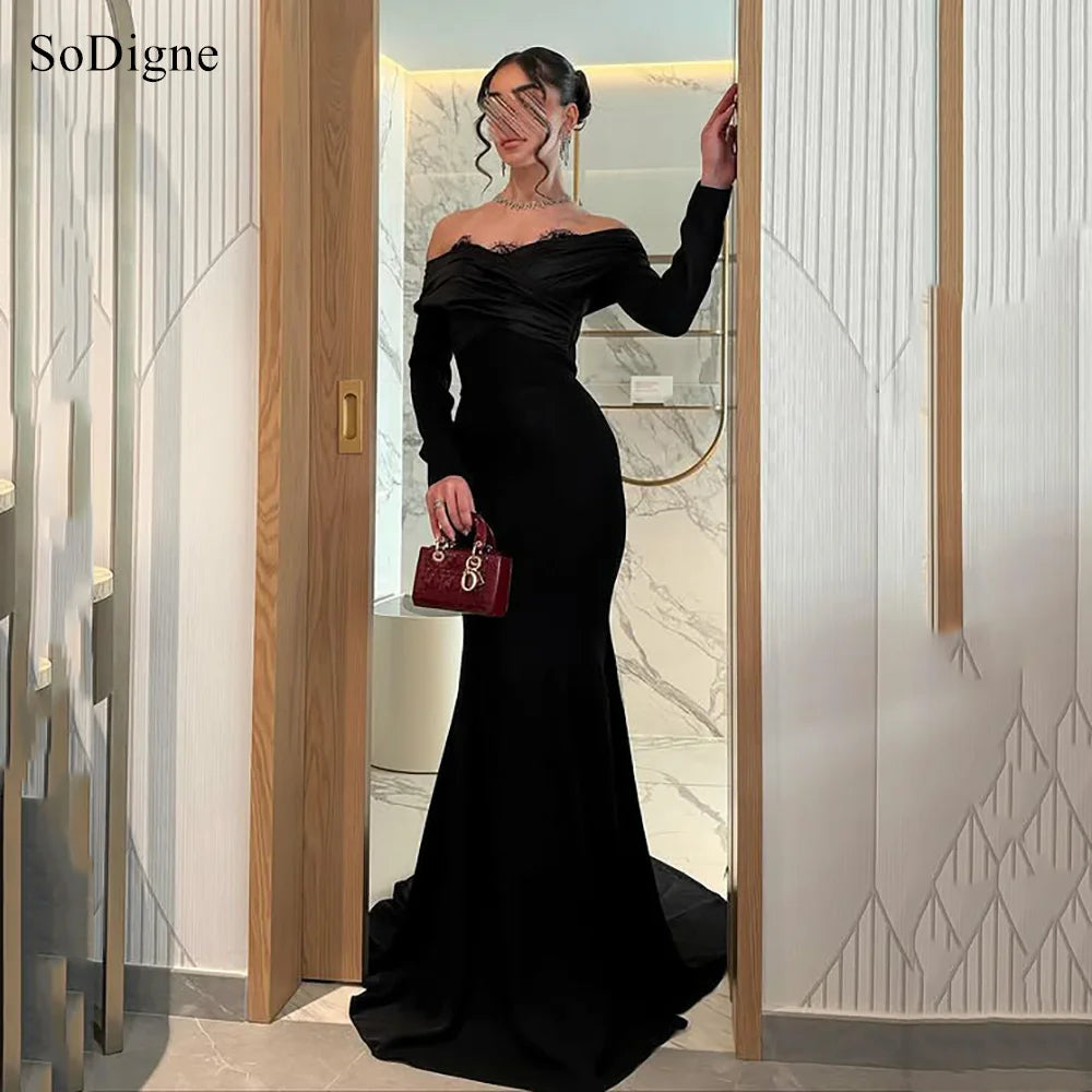 SoDigne Elegant Black Evening Dresses Lace Off The Shoulder Full Sleeves Party Dress Mermaid Formal Prom Gowns Customized