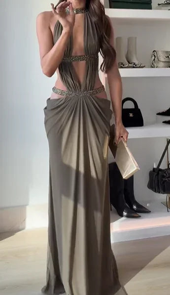 Women Sexy Backless Sequin Halter Dress Sleeveless Off Shoulder Hollow Out Pleated Maxi Dresses 2026 Lady Evening Party Gowns