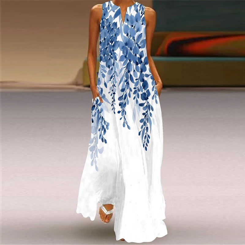 Elegant Dresses for Woman 3D Printed Dresses Summer Sleeveless V-Neck Long Dress Ladies Casual Elegant Beach Party Maxi Dresses
