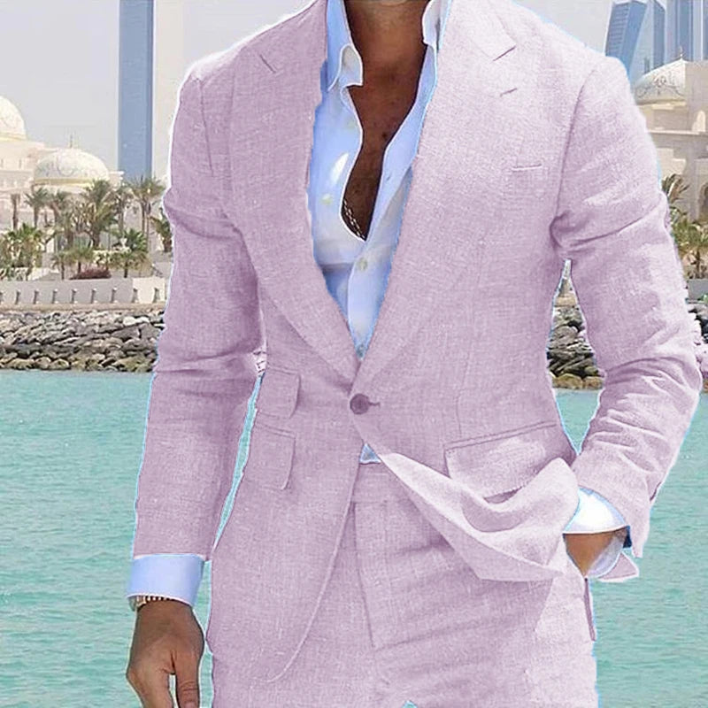 Men's Suit 2 Piece Set Linen Lapel Slim Fit Single Button Casual Comfortable Suit Formal Groom Best Man Dress Elegant and Stylis