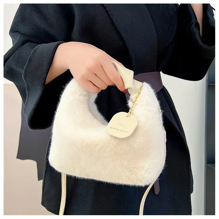 Women Faux Fur Plush Handbags Ruched Handle Small Lady Shoulder Crossbody Bag Casual Tote Half-Moon Hobos Winter Bags for Women