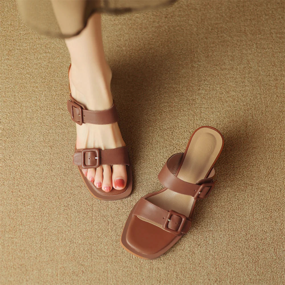 Women's sandals summer 2023 cow leather double metal belt 5.5cm thick med heel slip-on slippers elegant ladies slim daily pumps