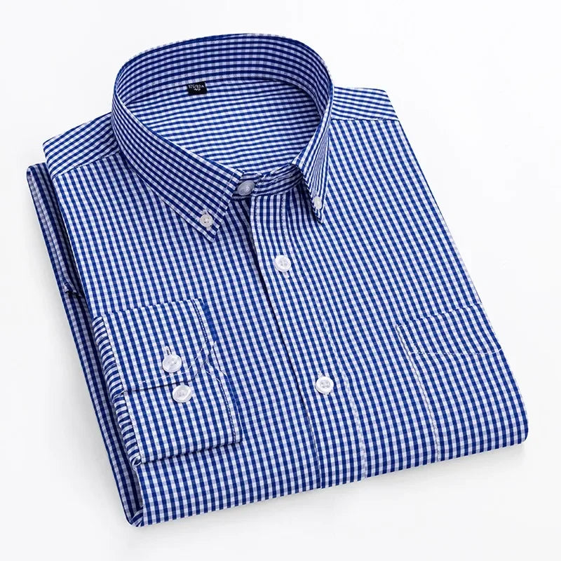 Thin Spring Summer 100% Cotton Shirts for Men Long Sleeve Checkered Dress Shirt Mens Blue Green  Men Clothing  Button Up Shirt