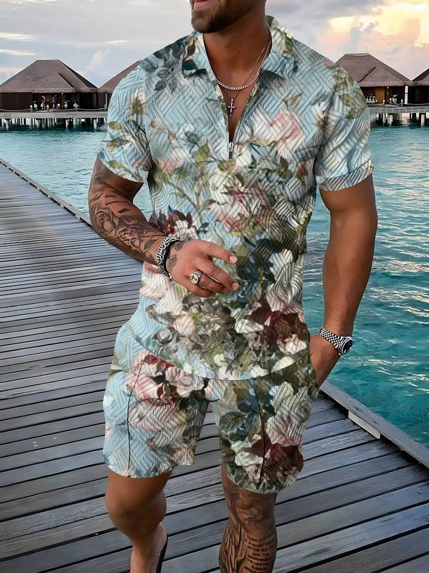 Men's Polo Tracksuit Set Summer Fashion Men Short Sleeve Zipper Polo Shirt&Shorts Set for Men Casual Streetwear 2 Piece Suit