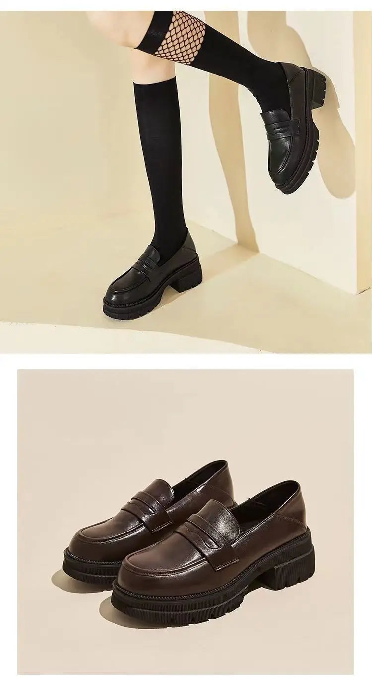Women's Casual leather Shoes Fashion Thick soled Pumps Solid Color Breathable Loafers Fashion comfort ladies high heels Zapatos