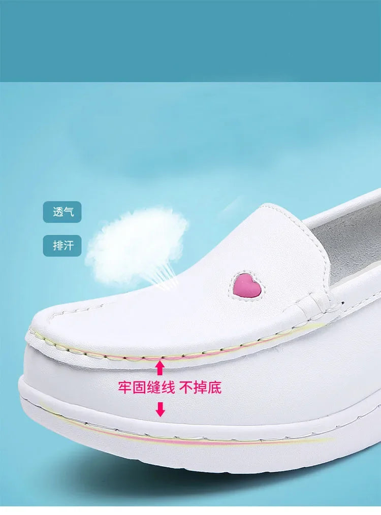 2025 New Women Flat Leather Shoes Casual White Wedge with Soft Bottom Love Heart Comfortable Mom Nurse Work Shoes Zapatillas