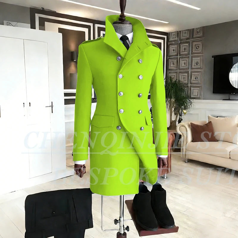 Casual Men's Suits 2 Piece Jacket Pants Grey Double Breasted Stand Lapel Luxury Blazer