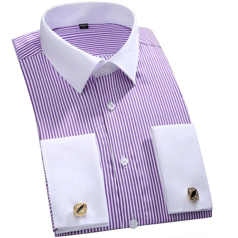 Men's Blue Long-sleeved Dress Shirts, Single-breasted Lapel Vertical Striped Shirt Men, White,Purple,Black,Pink,Yellow Optional