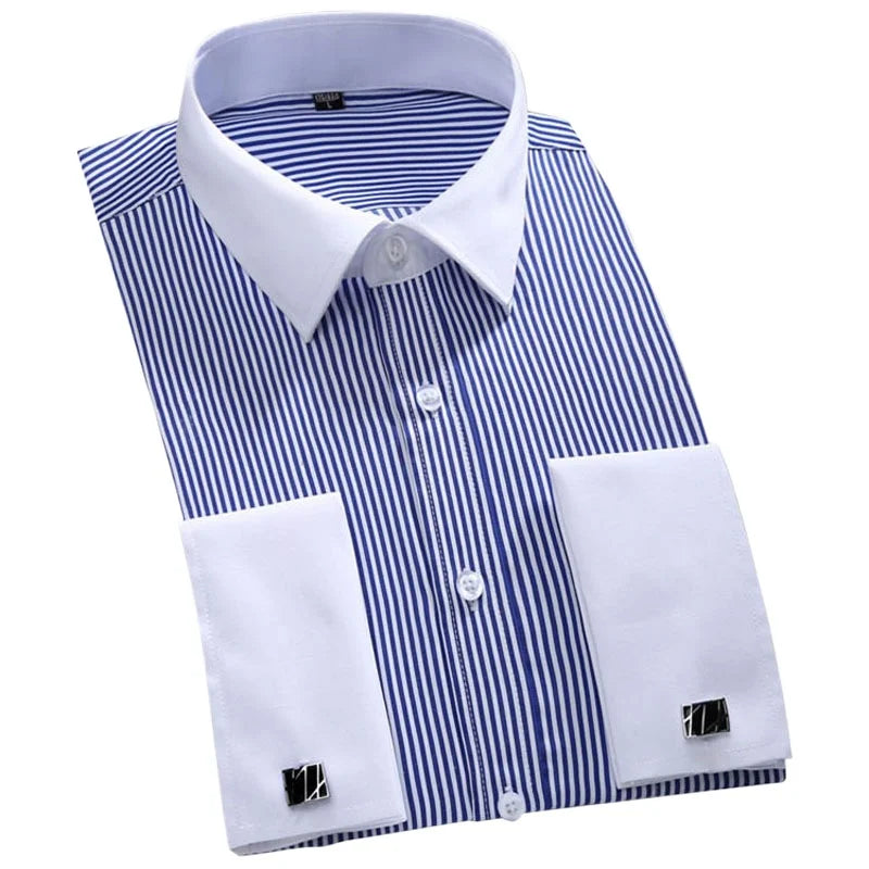 Men's Blue Long-sleeved Dress Shirts, Single-breasted Lapel Vertical Striped Shirt Men, White,Purple,Black,Pink,Yellow Optional