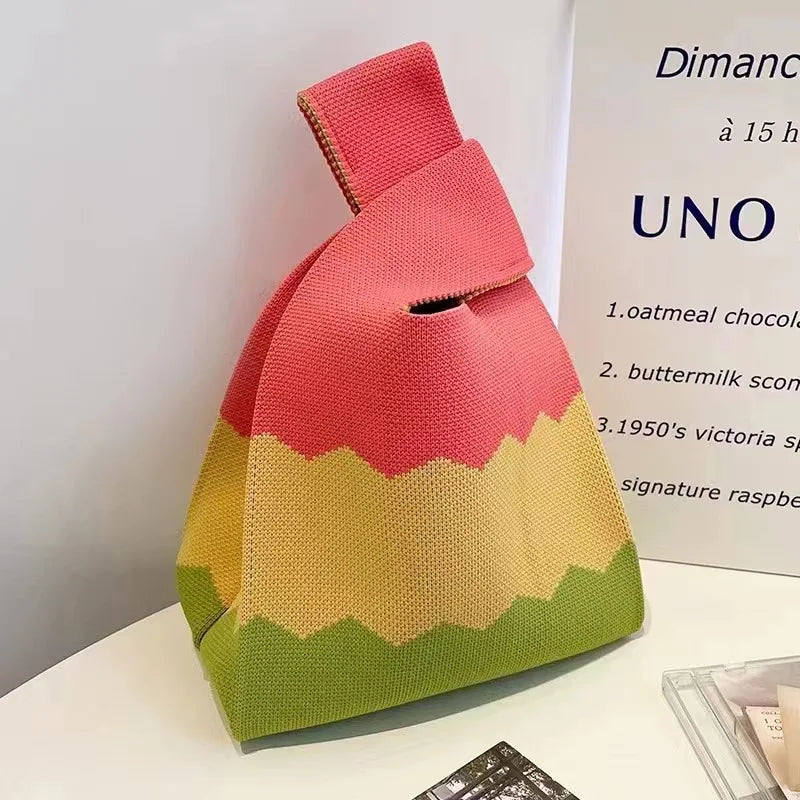 Women'S Knot Wrist Tote Bags Handmade Knitted Bag Portable Mini Striped Bucket Phone Bags Large Capacity Spring Summer Handbags