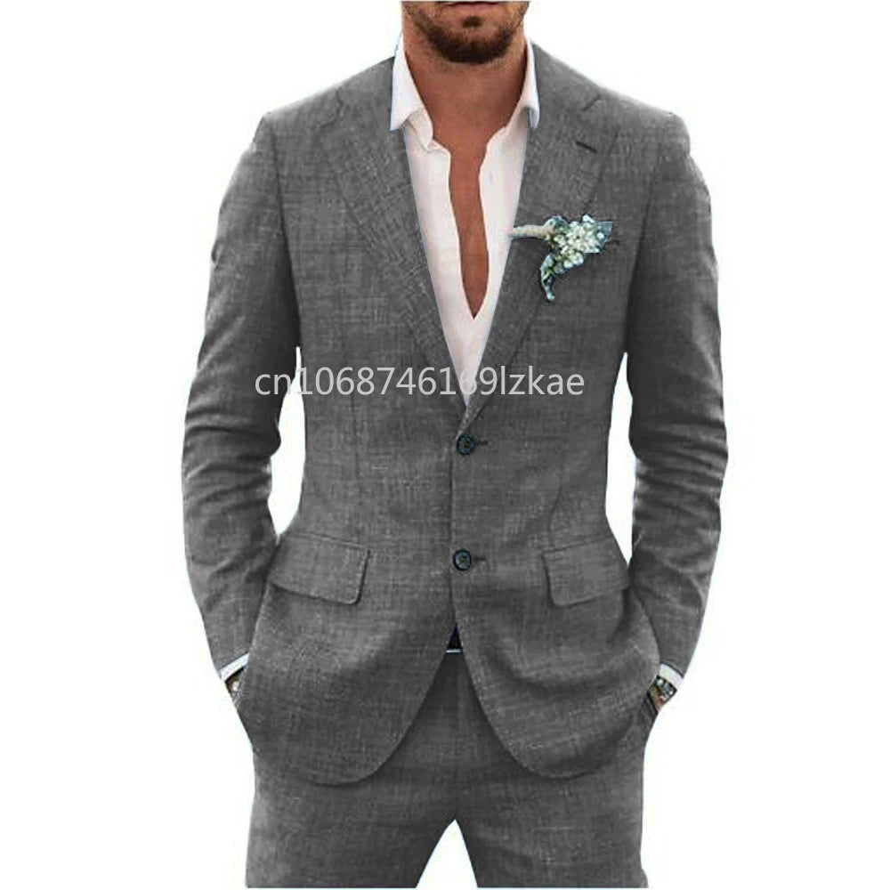 2024  Linen Suiting Fabric Full Men's Suit Lapel Collar Single-breasted 2 Piece Set Elegant Man Suits High Quality Blazer