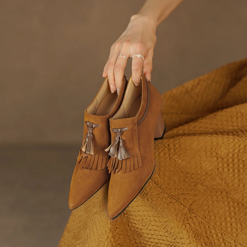 2025 Spring Women Shoes Pointed Toe Chunky Heel Women Pumps Sheep Suede High Heels Belt Buckle Shoes for Women zapatos de mujer