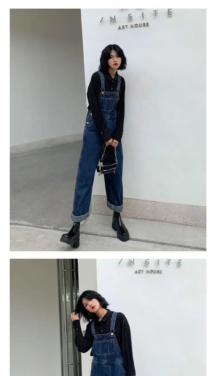 Jumpsuits Women Dark Blue Vintage Streetwear Harajuku Casual Fashion High Waist Loose Overalls Ulzzang Denim Suspenders Trousers